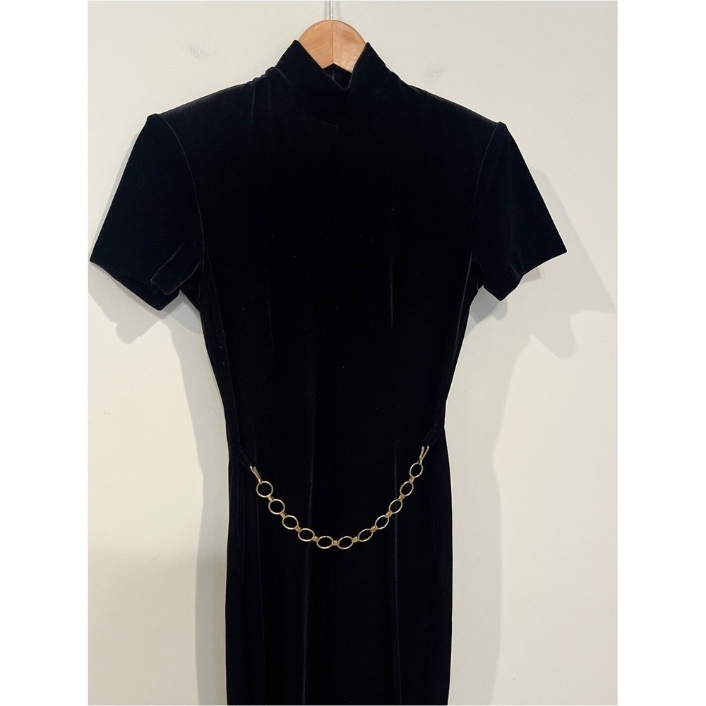 Panache Velvet Mock Neck Jumpsuit Gold Chain Belt Black 4 Vintage Style Evening